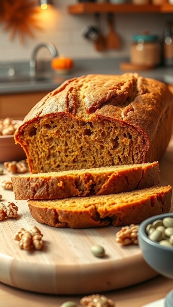 A golden loaf of pumpkin bread sliced to show its moist texture, with walnuts and pumpkin seeds on a wooden board.